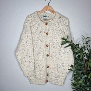 Aran Crafts Ireland Wool Chunky Knit Cardigan Flecked Button Front Size L